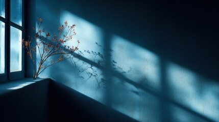 Moody Interior with Shadow Play: Dried Flowers by Window Casting Abstract Patterns