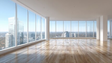 Obraz premium Modern High-Rise Interior with Panoramic City Views, Open Space, Hardwood Floors, and Natural Light