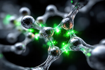 Molecular structure displaying connectivity with glowing green elements in a scientific setting