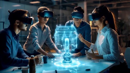 man interacting with holographic holographic interface in modern office settingwoman interacting with virtual reality headset in office settingman using virtual reality glasses in office environment. - Powered by Adobe