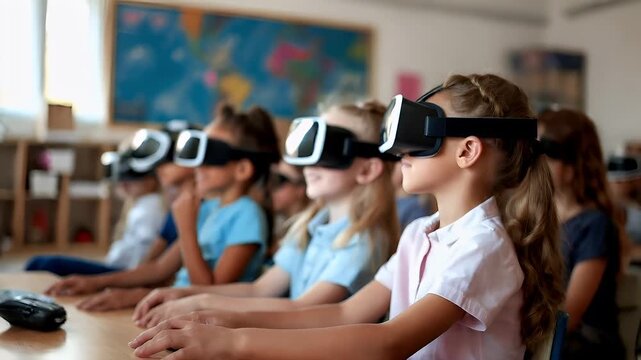 A closeup shot of a group of children wearing virtual reality headsets in a classroom setting. The children are seated in rows, with their backs to the camera, and they are wearing blue shirts.