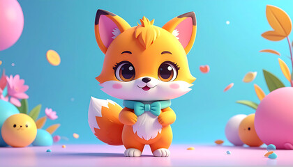 Fototapeta premium An adorable cartoon baby fox with big eyes and a bowtie stands in a cute pastel-colored spring scene.