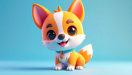 An adorable cartoon corgi puppy with big eyes and a happy smile sits against a light blue background.