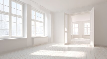 Fototapeta premium Bright Empty Room with Natural Light and White Walls, Ideal for Interior Design Mockups