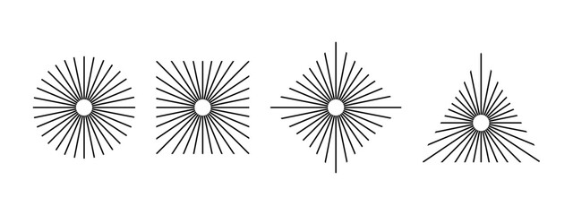 Straight radial lines in circular, square and triangular shapes. Set of sun rays icons. Radiance, spin, explosion or firework symbols isolated on white background. Vector graphic illustration. © vikusha_art