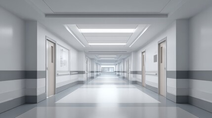 Fototapeta premium Empty Hospital Corridor with Closed Doors and Bright Lighting, Clean Modern Interior Architecture