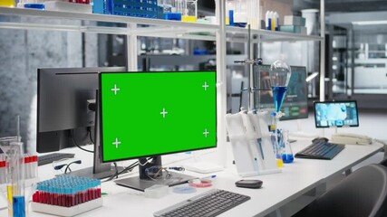 Green screen PC in lab next to tablet with interface showing genetic markers associated with disease risk. Chroma key computer and device in laboratory used to study DNA strand mapping - Powered by Adobe