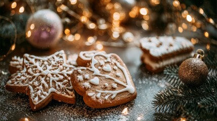 Festive Gingerbread Cookies with Icing on Wooden Table Decor