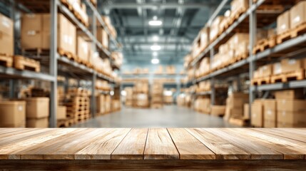 Warehouse Interior with Wood Tabletop Mockup: Storage, Distribution, and Logistics Background for Product Display