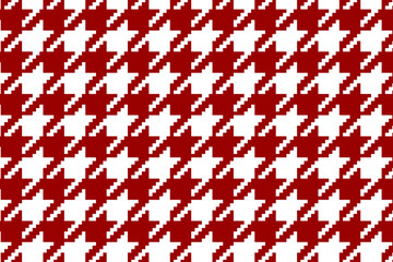 Red and white pixel houndstooth pattern. Puppy tooth background. Checkered textile texture. Scarf or cloth fabric print. Retro tweed textile design. Modern ornament. Vector graphic illustration.