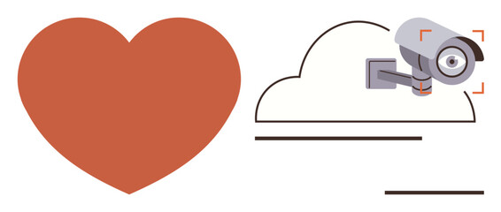 Red heart beside a cloud-mounted surveillance camera symbolizing privacy, emotional security, technology, and big data. Ideal for privacy, security, technology, emotions, cloud storage digital