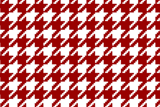 Red and white pixel houndstooth pattern. Puppy tooth background. Checkered textile texture. Scarf or cloth fabric print. Retro tweed textile design. Modern ornament. Vector graphic illustration.