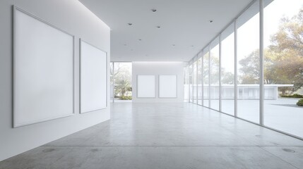 Obraz premium Minimalist Gallery Interior with Blank Frames and Expansive Windows Offering Natural Light and Views