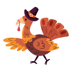 Traditional Thanksgiving Turkey Bird in Flat Vector Style