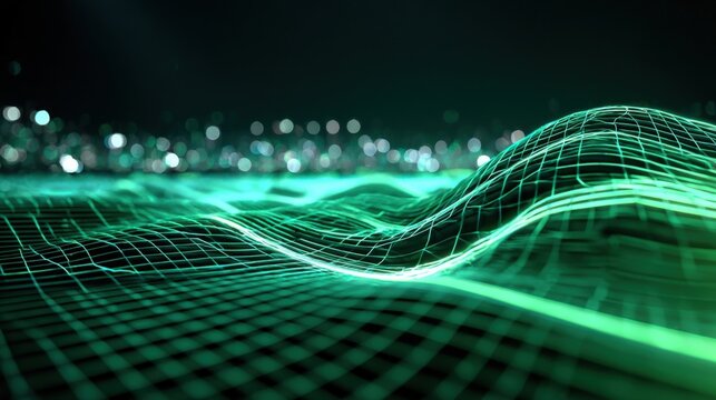 Green Grid Digital Landscape: Abstract Technology Background with Glowing Lights and Data Flow Visualization - Powered by Adobe