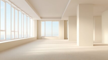 Fototapeta premium Minimalist Empty Room with Large Windows and Neutral Tones, Ideal for Interior Design Mockups