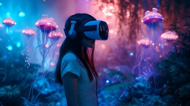 A vivid underwater scene with a woman immersed in virtual reality. The woman is wearing a VR headset and is surrounded by a mesmerizing array of jellyfish and aquatic plants.