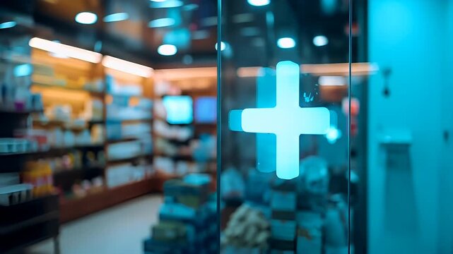 A blurred image of a store interior with a glass door featuring a blue plus sign.
