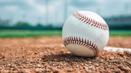 Baseball Close-Up on Infield Dirt, Outdoor Sporting Event, Game Day, American Pastime, White Ball, Stitched Seam