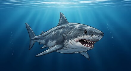 Naklejka premium Shark Underwater Scene with Bright Sunlight and Deep Blue Ocean