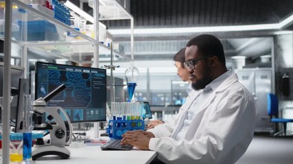 Stressed laboratory scientist using computer monitor, processing DNA patient data for clinical research. Anxious lab specialist looking at genetic analysis diagnostics on PC, camera A - Powered by Adobe