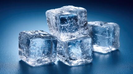 Four clear ice cubes stacked on a blue gradient background for refreshing beverages