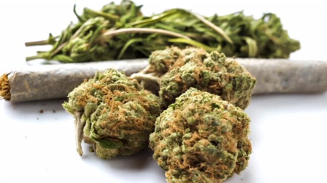 Marijuana cannabis topic concept. green cannabis buds and cannabis leaves on a white surface with a rolledup cannabis leaf and a blunt of the same plant.