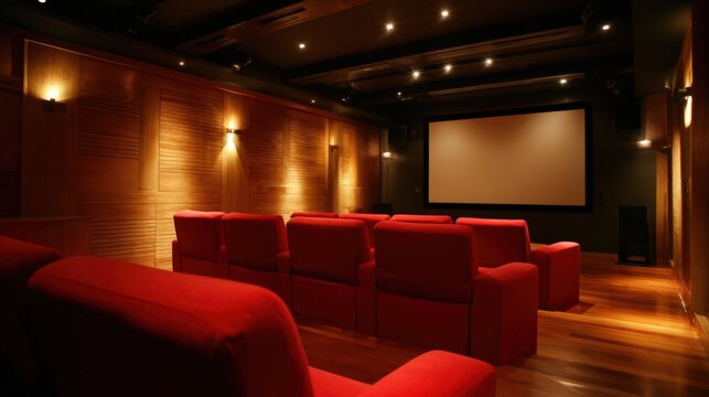 Luxurious Home Theater Interior with Red Seats and Wooden Walls for Immersive Entertainment Experience