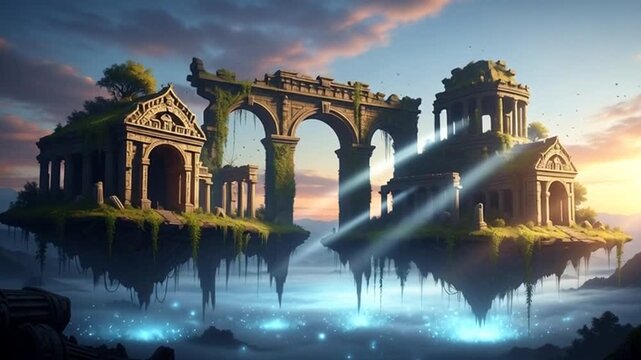 Experience a breathtaking fantasy landscape with ancient ruins floating serenely above a misty sea, bathed in the warm glow of the setting sun, perfect for travel inspiration and adventure