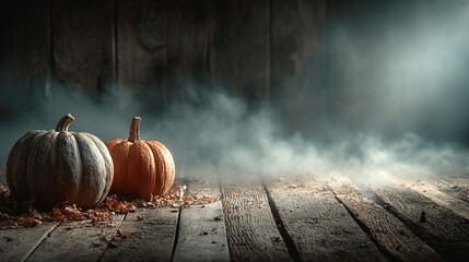 Two pumpkins on wooden surface with leaves and foggy background.