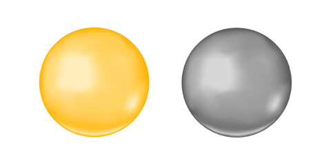 Gold and silver bubbles isolated on white background. Round oil drops. Plastic or metallic orange and grey balls. Omega 3 or 6, collagen, vitamin D pills. Pearl or bead. Vector realistic illustration.