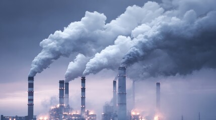 Industrial Pollution: Smokestacks Emitting Thick Smoke, Symbolizing Environmental Impact and Climate Change Concerns