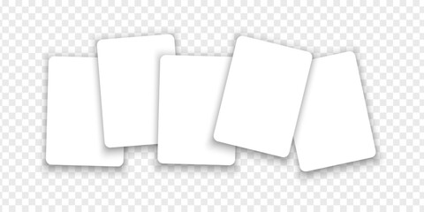 Five blank white playing, gift or discount cards mockups isolated on transparent background. Template of playcards for royal flush combination. Poker game concept. Vector realistic illustration.