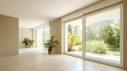 Obraz premium Bright modern living room with large windows overlooking garden, showcasing natural light and minimalist design