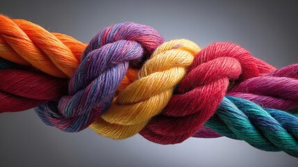 Intertwined Colorful Ropes with Knots Symbolizing Connection, Unity, Strength, and Collaboration on a Gradient Background