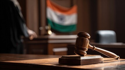 Courtroom scene displaying a wooden gavel and Indian flag, representing the Indian justice system