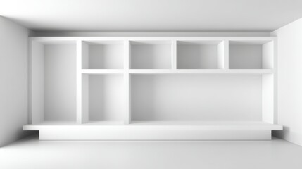Fototapeta premium Clean, Modern White Bookshelf Built-in Wall Niche with Empty Shelves Ready for Interior Decoration