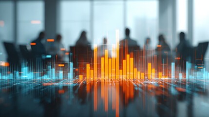 Business Meeting with Abstract Data Visualization Overlay: Teamwork, Analytics, and Strategy in Corporate Setting