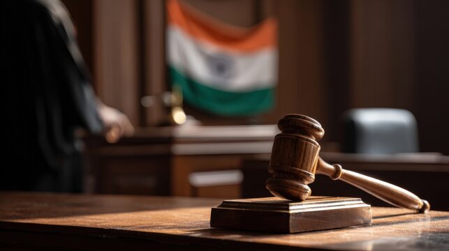 Courtroom scene displaying a wooden gavel and Indian flag, representing the Indian justice system