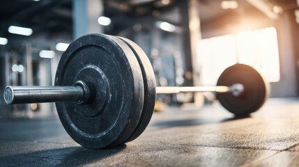 Naklejka premium Barbell with Weights on Gym Floor for Strength Training and Fitness Equipment