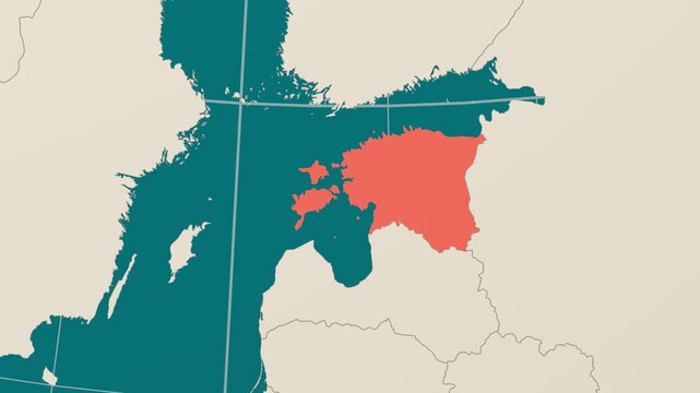 Estonia map. Animated zoom into the country on the Globe in Teal Pale Mint color palette. Country logo animation. Map with meridians, parallels. Classy video.