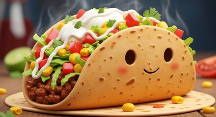 Cute Smiling Taco with Cartoon Face Filled with Lettuce Tomato Corn and Ground Beef on Wooden Plate