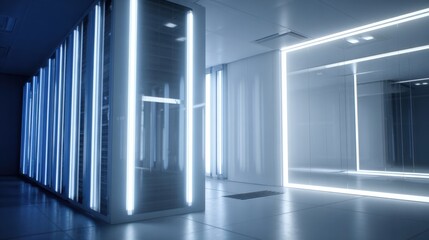 Data Center Interior with Servers and Neon Lighting, Modern Technology and Computing Infrastructure