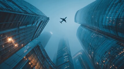 Modern Metropolis: Airplane Flying Over High-Rise Buildings in an Urban Skyline, Symbolizing Progress and Global Connectivity