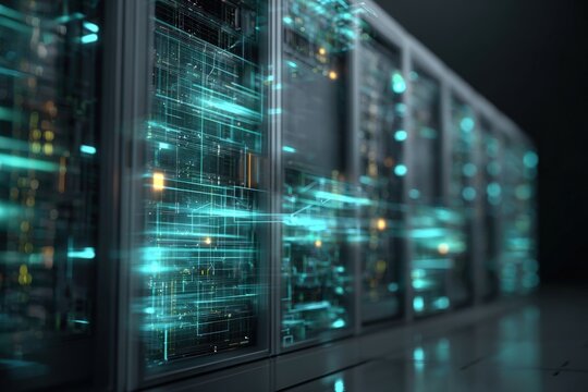 Server Room Data Center with Glowing Lights, Digital Information and Advanced Computing Equipment