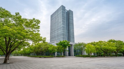 Modern Office Building Surrounded by Greenery on a Cloudy Day, Representing Sustainable Business and Urban Development