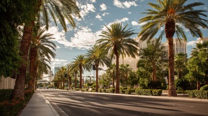 Fototapeta premium Las Vegas Street View with Palm Trees and City Skyline under a Sunny Sky