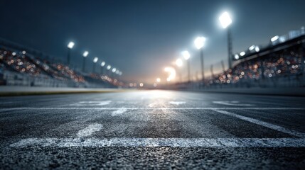 Obraz premium Illuminated Racing Track at Night with Blurred Grandstands, Representing Speed, Competition, and Motorsport