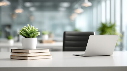 Fototapeta premium Modern Office Desk with Laptop, Books, and Potted Plant for a Productive Workspace Environment