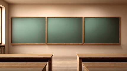 Classroom Interior with Green Chalkboard and Wooden Desks, Ideal for Educational Backgrounds and Learning Concepts